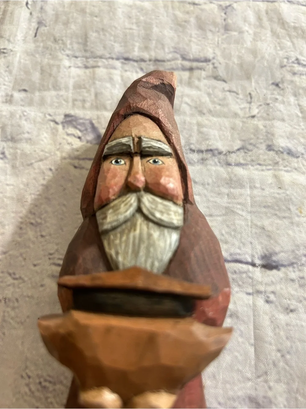 HAND CRAVED FOLK-ART SANTA FIGURE HOLDING SOMETHING IN HANDS BELSNICKLE STYLE